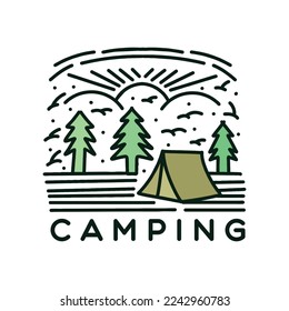 Premium Monoline Camping Logo Design Vintage Emblem Vector illustration Recreation Badge Symbol Icon