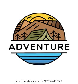 Premium Monoline Camping on the mountain vintage Logo Design Emblem Vector illustration Adventure badge symbol icon