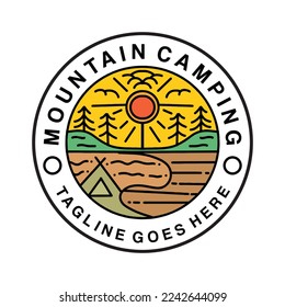 Premium-Monoline-Camping auf dem Berg-Vintage Logo Design Emblem Vektorgrafik Abenteuerzeichen Symbol