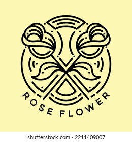 Premium Monoline Rose Flower illustration Vector, natural leaf badge, creative emblem Design For T-shirt Design