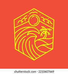 Premium Monoline sea ​​wave Vector illustration, sunrise ocean badge, creative emblem for T-shirt Design