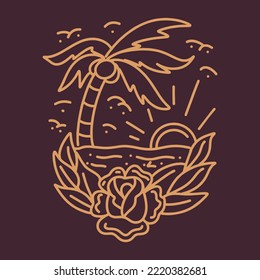 Premium Monoline sea ​​wave Vector illustration, sunrise ocean badge, creative emblem for T-shirt Design