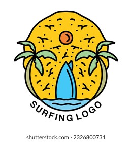 Premium Monoline Surfing Logo Design Emblem Vector illustration Summer Beach badge symbol icon