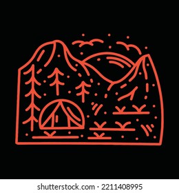 Premium Monoline vintage Camping illustration Vector, wildlife hiking camp badge, creative emblem Design For T-shirt Design