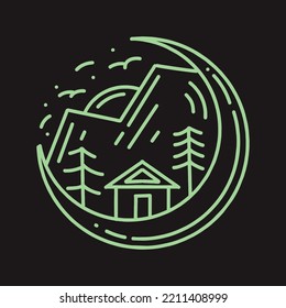 Premium Monoline vintage Camping illustration Vector, wildlife hiking camp badge, creative emblem Design For T-shirt Design