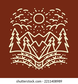 Ilustración de vectores de montaña premium Monoline, placa forestal, emblema creativo para el diseño de camisetas