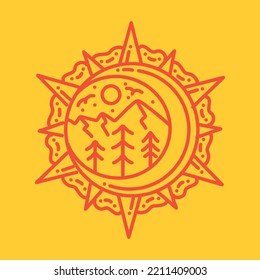 Premium Monoline vintage Mountain Vector illustration, forest vacation badge, creative emblem for T-shirt Design
