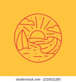 Premium Monoline vintage surfing Board Logo Vector, summer Beach Symbol and icon, creative emblem Design Company for business
