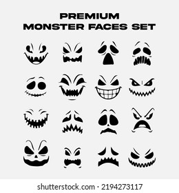 Premium monster faces set, evil illustration, horror pumpkin, spooky ghost, scary smile design