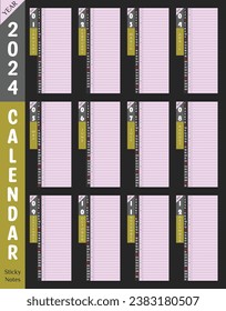 Premium Monthly calendar template for 2024 year. Printable day planner sticky note column. Nice Jungle green color background.