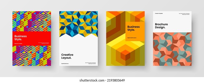 Premium mosaic hexagons front page layout composition. Bright magazine cover design vector concept bundle.
