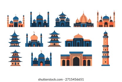 colección de construcción de la mezquita de Premium con varias cúpulas y minaretes altos. Vectores de color azul marino y naranja de alta calidad para diseños arquitectónicos islámicos.
