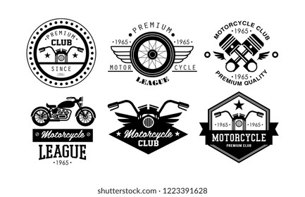 Premium Motorcycle League Logo Set, Retro Badges For Biker Club, Motorcycle Parts Store, Repair Service Vector Illustration On A White Background