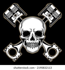 Premium motorcycles club vector stock illustration with piston, spark plug, wrench and skull. Assets for motorbike elements in black background.