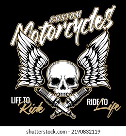 Premium motorcycles club vector stock illustration with piston, spark plug, wrench and skull. Assets for motorbike elements in black background.