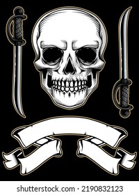 Premium motorcycles club vector stock illustration with piston, spark plug, wrench and skull. Assets for motorbike elements in black background.