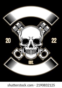 Premium motorcycles club vector stock illustration with piston, spark plug, wrench and skull. Assets for motorbike elements in black background.