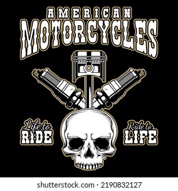 Premium motorcycles club vector stock illustration with piston, spark plug, wrench and skull. Assets for motorbike elements in black background.