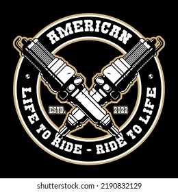 Premium motorcycles club vector stock illustration with piston, spark plug, wrench and skull. Assets for motorbike elements in black background.