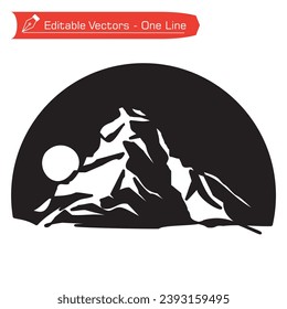 Premium mountain logo. Black and white simple line drawing of matterhorn mountain with semicircular frame. Vector illustration of Matterhorn mountain silhouette logo. Full moon in an alpine river. 