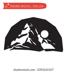 Premium mountain logo. Black and white straight line art drawing of matterhorn mountain with semicircular frame. Vector illustration of Matterhorn mountain silhouette. Full moon in an alpine river.