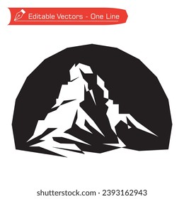 Premium mountain logo. Black and white simple straight line art drawing of matterhorn mountain with semicircular frame. Vector illustration of Matterhorn mountain logo. Silhouette hiking icon.
