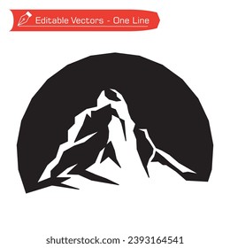 Premium mountain logo. Black and white simple straight line art drawing of matterhorn mountain with semicircular frame. Vector illustration of Matterhorn mountain logo. Silhouette extreme mountain. 