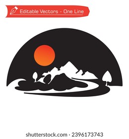 Premium-Berglogo. Schwarz-Weiß-Zeichnung des schönen Berges, Tannenstrasse und Vollmond in halbkreisförmigem Rahmen. Vektorgrafik von Berge Silhouette. Feiertagssymbol.