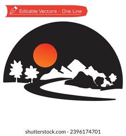 Premium mountain logo. Black and white drawing of beautiful mountain, fir tress and full moon in semicircular frame. Vector illustration of mountains silhouette. Fir tress in europe symbol.  