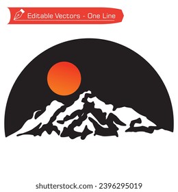 Logo de montaña premium. Dibujo en blanco y negro de montaña rocosa empinada y luna llena en marco semicircular. Ilustración vectorial de la montaña rocosa difícil de alcanzar la silueta para icono, símbolo, logotipo.