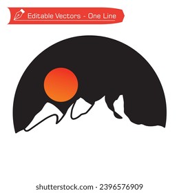 Logo de montaña premium. Arte de línea blanca y negra de picos rocosos y nevados de montaña y luna llena en marco semicircular. Ilustración vectorial de silueta de montaña extrema para aventura, icono de expedición