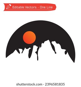 Premium mountain logo. Black and white rocky mountain peaks and full moon in semicircular frame. Vector illustration of rocky mountains silhouette for hiking, climbing, adventure, expedition logo.