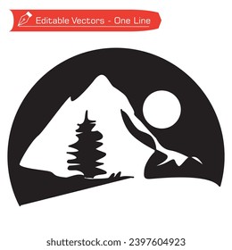 
Logo de montaña premium. Bonito panorama natural en blanco y negro de alta montaña, abetos y luna llena en un marco semicircular. Ilustración vectorial de la silueta de arte de la línea montañosa extrema.