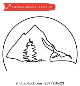 Premium mountain logo. Natural panorama of high mountain, fir trees of continuous one line art drawing in semicircular frame. Vector illustration of mountains for hiking, climbing, camping icon.