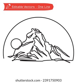 Premium mountain logo. One continuous line drawing of matterhorn mountain with semicircular frame. 
Vector illustration of Matterhorn mountain logo. Full moon in alpine river line art.
