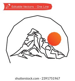 Premium mountain logo. One continuous straight line art drawing of matterhorn mountain with semicircular frame. Vector illustration of Matterhorn mountain logo. Orange sun in alpine river. 