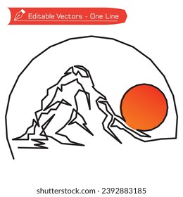 Premium mountain logo. One continuous line drawing of matterhorn mountain with semicircular frame. Vector illustration of Matterhorn mountain logo. Full orange sun in an alpine river 
