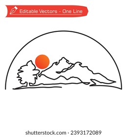 Premium mountain logo. One continuous line of snowy mountains and fir trees in Europe with semicircular frame. Vector illustration of snowy mountains and full sun as recreation icon, adventure logo.