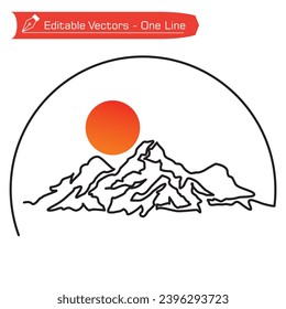 Premium mountain logo. One continuous line drawing of steep rocky mountain and full sun in semicircular frame. Vector illustration of rugged rocky mountain hard to reach for icon, symbol, logo, emblem