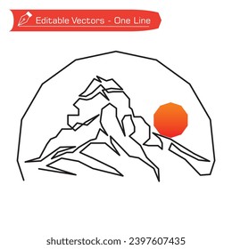 Premium mountain logo. One continuous straight line art drawing of matterhorn mountain in semicircular frame. Vector illustration of Matterhorn mountain logo and orange full sun in alpine river.