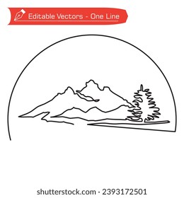 Premium mountain logo. One simple line of snowy mountains and fir trees in Europe with semicircular frame. Vector illustration of snowy mountains and fir trees as recreation icon, adventure logo.