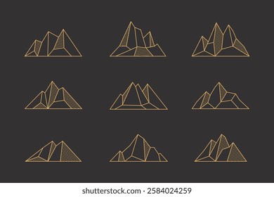 Premium mountain logo pack. Abstract geometric thin line mountain icons set. Minimal elegant stylish vector ridge logo