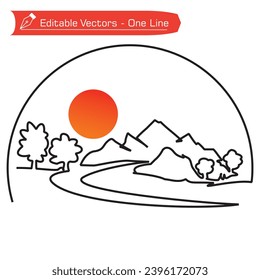 Premium mountain logo. Simple line drawing of beautiful mountain, fir tress and full sun in semicircular frame. Vector illustration of mountains logo, forest symbol and adventure icon. 