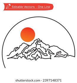 Logo de montaña premium. Sencillo trazado de líneas de empinadas montañas rocosas y sol lleno en un marco semicircular. Ilustración vectorial de montañas rocosas escarpadas de difícil acceso para icono, símbolo, logotipo, emblema.