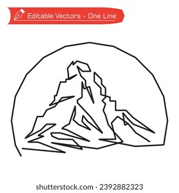 Premium mountain logo. Simple one line drawing of matterhorn mountain with semicircular frame. Vector illustration of Matterhorn mountain in alpine river logo.
