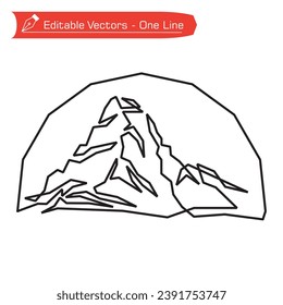 Premium mountain logo. Simple straight line art drawing of matterhorn mountain with semicircular frame. 
Vector illustration of Matterhorn mountain logo. Matterhorn mountain  in alpine river.