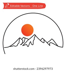 Premium mountain logo. Single line art of extreme mountain peaks and full sun in semicircular frame. Vector illustration of rocky and snowy mountain for icon, symbol, logo, emblem of expedition. 