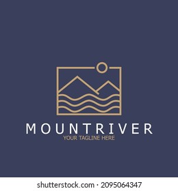 premium mountain and river line art icon vector illustration template design