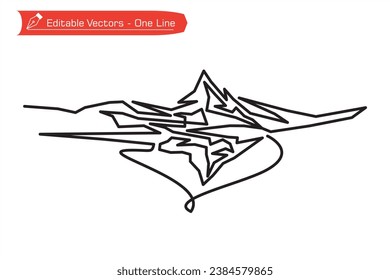 Premium mountains icon. One continuous Straight line art of Matterhorn mountain and its shadow over an alpine river. Vector illustration of the Matterhorn, Zermatt, Swiss Alps, Switzerland.