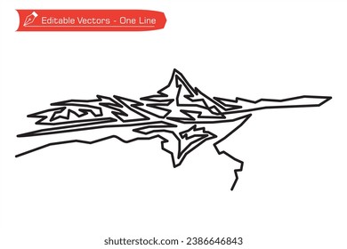 Premium mountains icon. One continuous line of Matterhorn mountain and its shadow over an alpine river. Vector illustration of Matterhorn, Zermatt, Swiss Alps, Switzerland. Matterhorn symbol.
